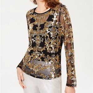 Embellished Black & Gold Long-Sleeve Sheer Top